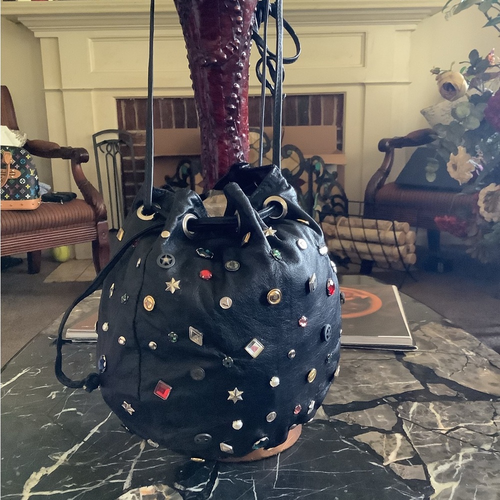 Vintage Leonardo of Italy teddy bijou lambskin charm embellished bucket bag